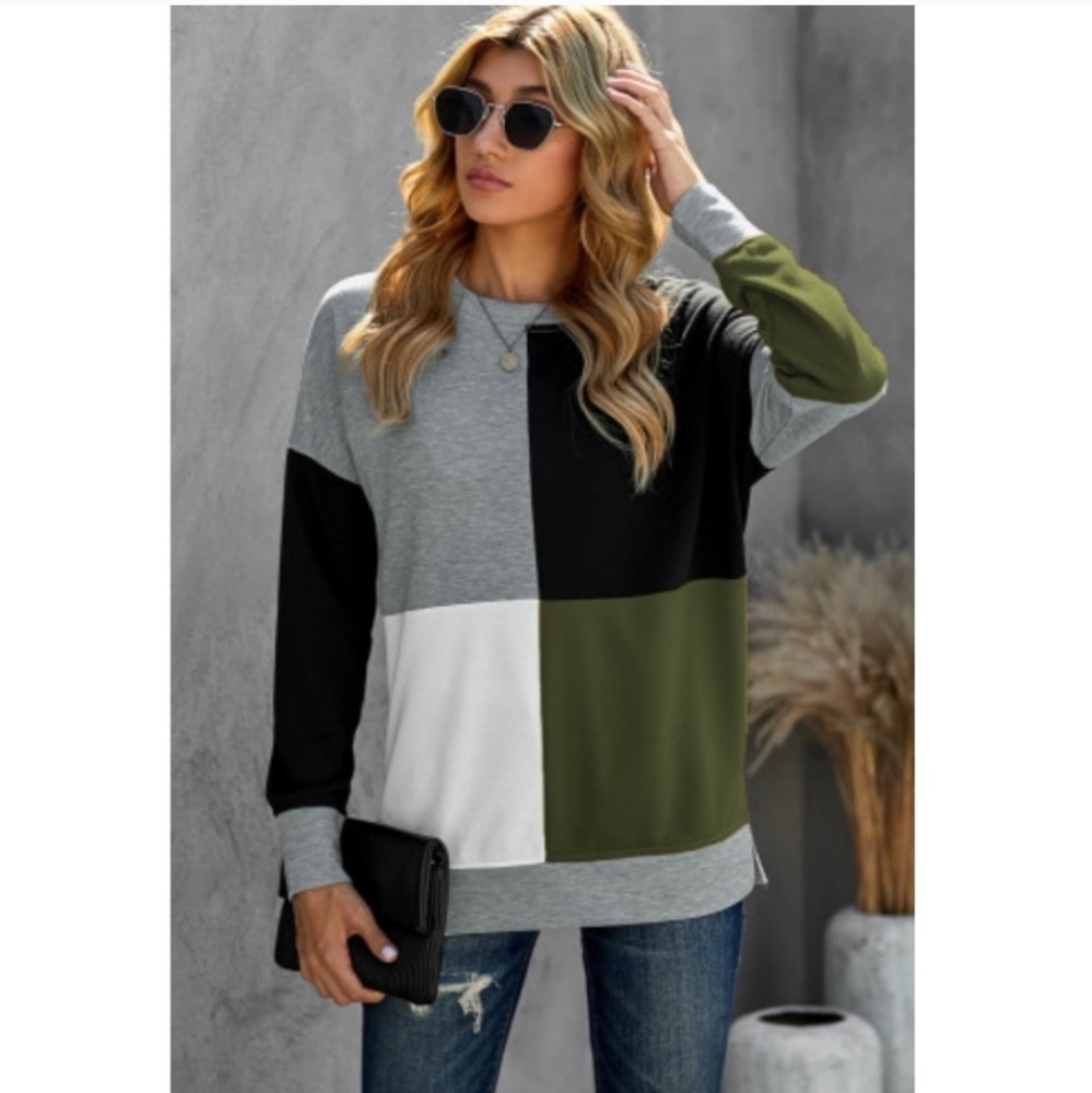 Color Block Round Neck Long Sleeves Pullover Sweatshirt